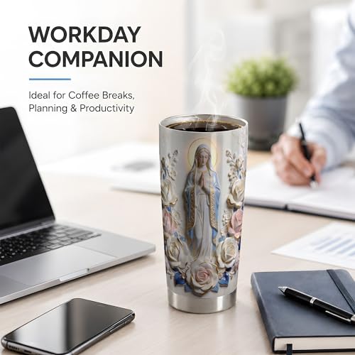 Virgin Mary Blue Rose Statue Art 20oz Tumbler, Virgin Mary Tumbler for Daily Drinkware, Halo Floral Frame Illustration, Catholic Devotional Cup, Religious Design for Women Men Use - color: Virgin Mary 1