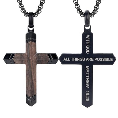 Wooden Cross Necklace for Men with Stainless Steel Adjustable Chain 24-26in, Christian Wood Crucifix Pendant Gift for Him - style: Matthew 19:26