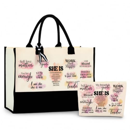 jeilink Inspirational Religious Gifts Boss Mom Birthday Christmas Tote Bag Canvas Reusable Grocery Beach Tote Black Pink - color: Self Care Positive 1715