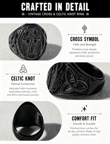 Men's Stainless Steel Celtic Cross Ring - color: Black