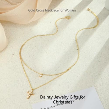 Cross Necklace For Women,14K Gold Plated Small Dainty Colorful Beaded Cubic Zirconia Diamond Double Layered Cross Pendant Choker Necklaces For Women,Christian Easter Religious Jewelry Gifts - style: Layered Diamond Cross-Gold