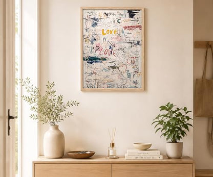 Framed Modern Neutral Abstract Textured Graffiti Love Wall Art, 12x16 Inch - color: Multicolor On White/Cream Background With Red, Yellow, Blue, Black, Green, And Pink Accents, size: 12"L x 16"W