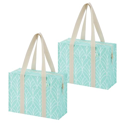 VENO 2 Pack Utility Tote Reusable Grocery Bags with Zipper & Hard Bottom - color: Evergreen, size: 2 Pack