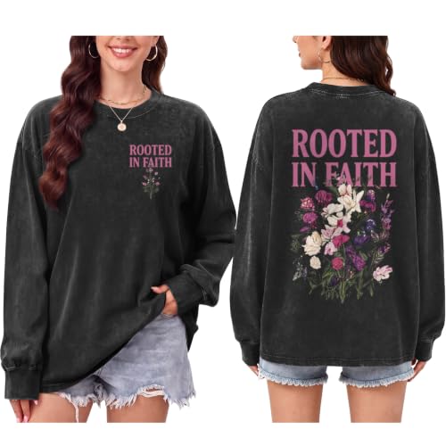 Oversized Christian Long Sleeve Shirts for Women Faith Bible Verse Floral Graphic Tees Acid Wash Vintage Sweatshirts - color: Black, size: X-Large