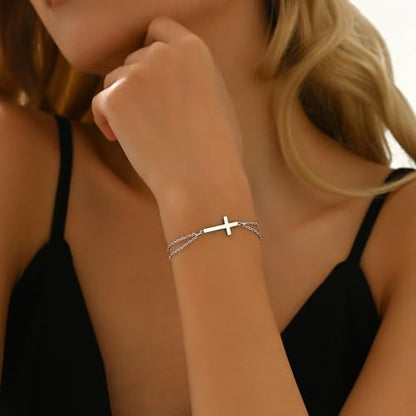 18K Gold Plated Pearl Beaded Cross Bracelets for Women Adjustable - color: Double O Cross-White Gold