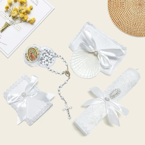 Baptism Candle Set for Boys Girls,White 5 PCS Baptism Kit Virgen De Guadalupe Catholic Candle,Baptismal Towel,Baptismal Shell,Rosary,Bible for Baby Dedication Christening Gift,Velas para Bautizo Niño