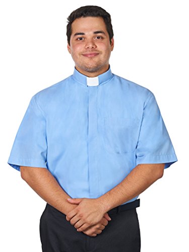 Men's Tab Collar Clergy Shirt Short Sleeves - color: Light Blue, size: 17"-17.5" Neck