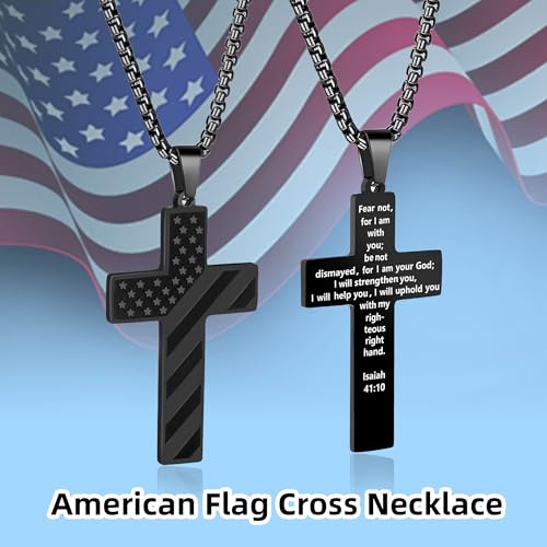 American Flag Cross Necklace for Men, Christian Confirmation Baptism Gifts - color: Black, style: Isaiah 41:10
