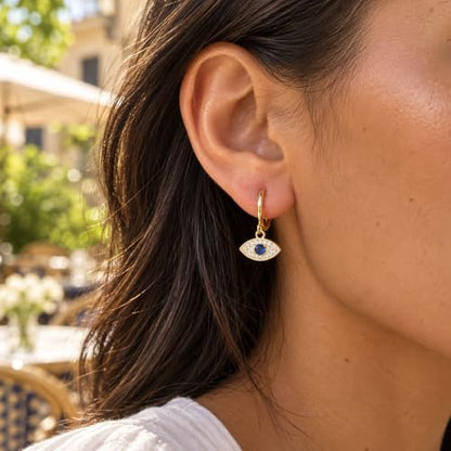 Dangle Earrings for Women, Dainty Huggie Hoop Dangle Earrings - color: Evil Eye 01 Dangle Gold