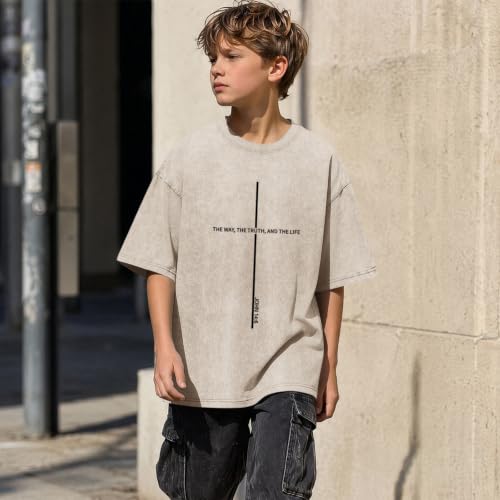 Boys Christian Shirts for Kids Jesus God Bible Verse Religious Faith T Shirt Youth Acid Wash Cross Graphic Tees Tops - color: Apricot, size: 13-14 Years