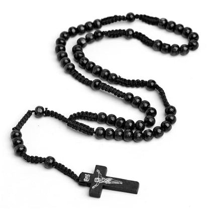 Natural Wood Beaded Cross Rosary Necklace Boho Handmade 8MM Wooden Beads with Jesus Cross Lightweight Rope Necklace for Men Women Religious Christian Prayer Fashion Jewelry Gifts - color: Black
