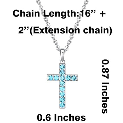 Birthstone Cross Necklace for Women,First Communion Gifts Easter Baptism Cross Jewelry Pendant Gift - color: 03March-Aqua Blue