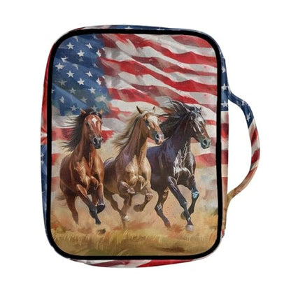 Suobstales American Flag Horse Print Bible Covers for Women Men,Carrying Book Bible Case Church Bag Lightweight Bible Bag Bible Protective with Handle and Zippered Pocket - color: American Flag Horse