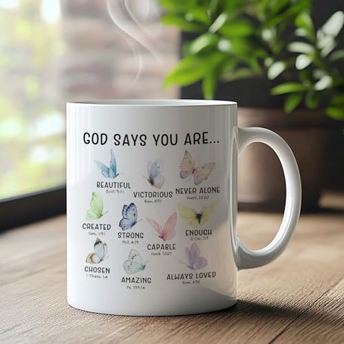 Christian Butterfly Mug, God Says You Are Bible Verse Coffee Cup Ceramic, Christian Gifts for Women, Inspirational Religious Ceramic Coffee Tea Mug 11 oz
