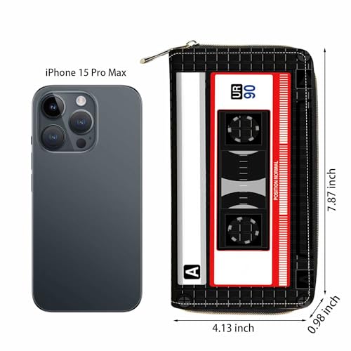 90s Music Cassette Print Wallet for Women Large Capacity Wallet Credit Card Holder PU Leather Zipper Clutch Purse Phone Wallet - color: 90s Music Cassette