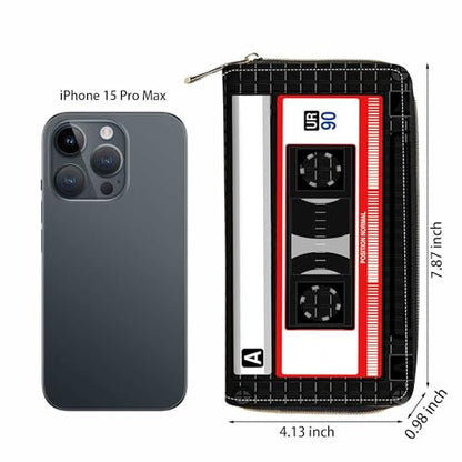 90s Music Cassette Print Wallet for Women Large Capacity Wallet Credit Card Holder PU Leather Zipper Clutch Purse Phone Wallet - color: 90s Music Cassette