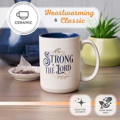 Christian Art Gifts Large Inspirational Scripture Ceramic Coffee & Tea Mug – Strong in the Lord Bible Verse, Christian Gift for Men & Women, White & Blue, 14 oz, Lead & Cadmium-Free, Faith Drinkware - color: White & Blue/Strong in the Lord