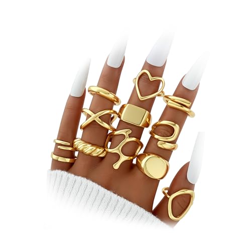 Gold Stackable Rings Set for Women, Gold Plated Chunky Crystal Finger Rings - color: Gold Band