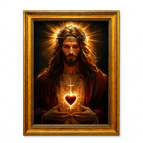 Framed Sacred Heart Jesus Canvas Wall Art, 12x16 Inch, Bedroom Decor - color: Brown and Gold-1, size: 16"L x 12"W