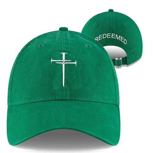 Christian Redeemed Cross Nails Hats for Men Women, Vintage Adjustable Cotton Embroidered Front & Back Baseball Cap - color: Christian-green
