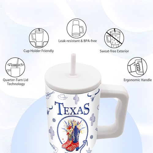 Western Texas Gift, 24 oz Texas Tumbler with Handle and Straw, Insulated - color: Texas