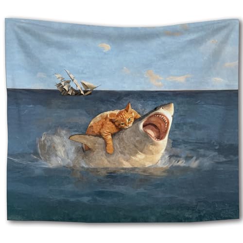 Foritho Fat Black Cat vs. Shark Tapestry, Vintage Renaissance Funny Cat Meme Tapestry Wall Hanging, Nautical Ocean Shark Wall Tapestries for Bedroom Living Room Home Decor, 50x60 Inch-02 - color: Color 07