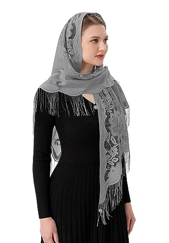 PAMOR Triangle Catholic Church Veil Chapel Veil Scarf Mantilla Veils Wrap Shawl Mass Head Covering with Fringe Trim - color: Gray