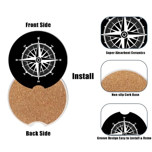 Cup Holders Car Coasters - Compass Absorbent Ceramic Coaster, Drink Cup Holder Coasters, Auto Accessories for Women & Men, Pack of 2 - color: Compass