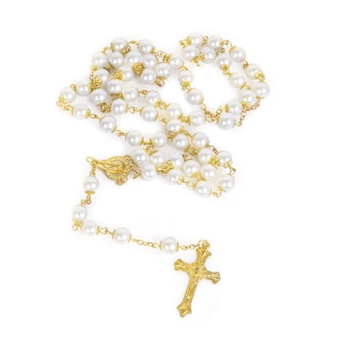 Rosary Necklace for Women, Cross Jewelry Pearl White Rosary for Women Men, Wedding Small First Holy Communion Gifts Rosarios Catolicos Rosary Beads, Pearl Necklace Catholic Chain for Mother