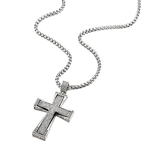 COOLSTEELANDBEYOND Mens Womens EXTRA LARGE Steel Cross Pendant Necklace with Cubic Zirconia and Wheat Chain - color: A-Metal Color: Silver