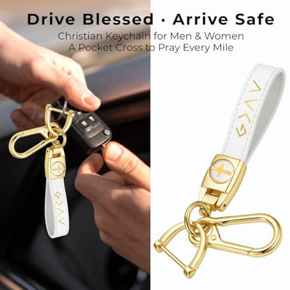 Christian Cross Leather Keychain for Men – Christian Gift for Dad Husband Son - color: White/Gold – God is Greater (Gift Box)