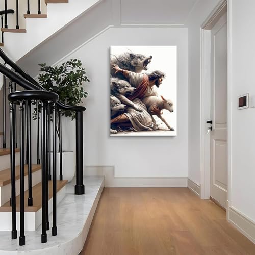Jesus and Lamb Wall Art Jesus Saves the Lost Sheep Christian Picture Wall Decor Shepherd Protect a Lamb from Wolves Painting Poster Print Artwork for Living Room Bedroom Church Decor 12X16 in canvas - color: Jesus01, size: 12"L x 16"W
