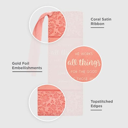 Christian Art Gifts Faux Leather Bookmark for Women: He Works All Things - color: Peach - All Things