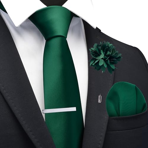 Branduce 3.15"（8cm） Mens Tie and Lapel Pin Solid Necktie Handkerchief Tie Clip Set for Men - color: Hunter Green
