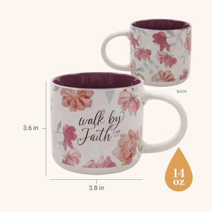 Christian Art Gifts Inspirational Scripture Ceramic Coffee & Tea Mug for Women: Walk by Faith Encouraging Bible Verse, Shiny Foil Accents, Sturdy Handle, White & Pink Multicolor Floral, 14 oz.