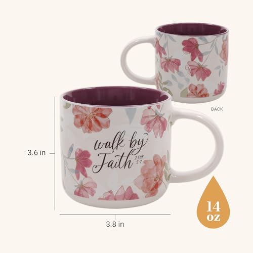Christian Art Gifts Inspirational Scripture Ceramic Coffee & Tea Mug for Women: Walk by Faith Encouraging Bible Verse, Shiny Foil Accents, Sturdy Handle, White & Pink Multicolor Floral, 14 oz.