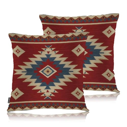 Swono Aztec Pattern Set of 2 Throw Pillow Covers Ikat American Navajo Style Chevron Red 18x18 Inches Pillow Cases Standard Cushion Cover Square Pillowcases for Men Women Decorative Home Bed Sofa - color: Aztec Pattern, size: 18" x 18" (Pack of 2)