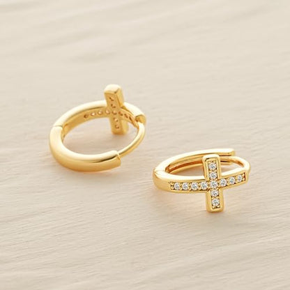 MYEARS Gold Cross Hoop Earrings for Women Trendy 14K Gold Plated Small Hoops Huggie Earrings White Cubic Zirconia Turquoise Minimalist Simple Christmas Christian Cross Jewelry Gifts - color: White