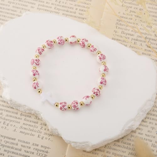 Cross Bracelet for Women - Christian Cross Beaded Bracelet Religious Jewelry for Women, Catholic Confirmation Gifts Inspirational Stretch with Charm, Meaningful Confirmation Jewelry Gifts - color: Rose Red