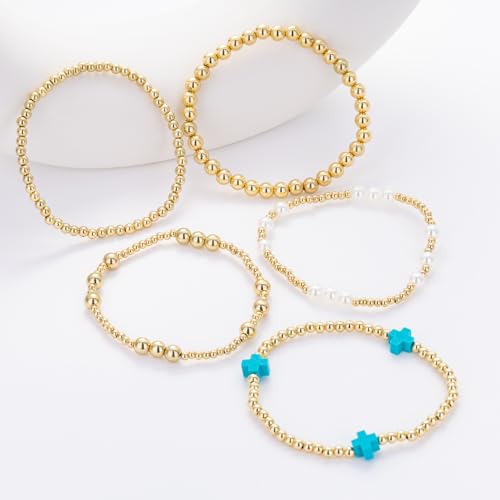 Gold Beaded Pearl Cross Bracelets Stackable Christian Stretch Jewelry Set - color: Turquoise Blu