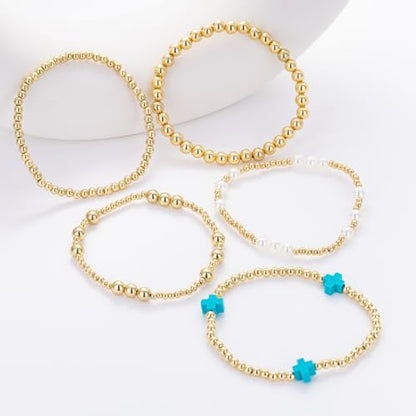 Gold Beaded Pearl Cross Bracelets Stackable Christian Stretch Jewelry Set - color: Turquoise Blu