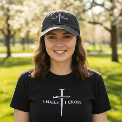 Three Nails Cross Christian Hats, Embroidered Baseball Caps for Adults - color: Black White With Text