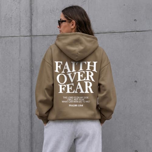 Wrenpies Faith Over Fear Hoodie for Women Christian Jesus Bible Verse Sweatshirt God Religious Oversized Tops - color: Coffee, size: Medium