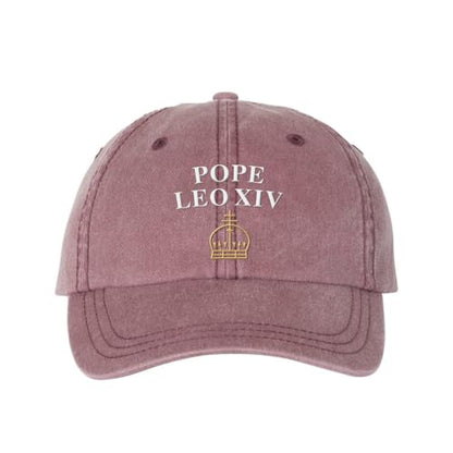 Pope Leo XIV with Crown Embroidered Baseball Cap Adjustable Cotton Dad Hat Pigment-Dyed - color: Maroon