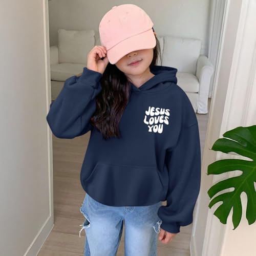 Christian Jesus Loves You Hoodie For Teen Girls Cute Graphic Hoodies Kids Bible Verse Faith Sweatshirt God Pullover - color: Navy Blue, size: 12-13 Years