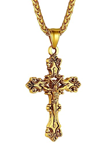 ChainsHouse Cross Necklace for Men, Black/18K Gold Plated/Stainless Steel Christian Jewelry Cross Pendant Necklace for Men, with Gift Box - color: a: Jecus Cross-Gold