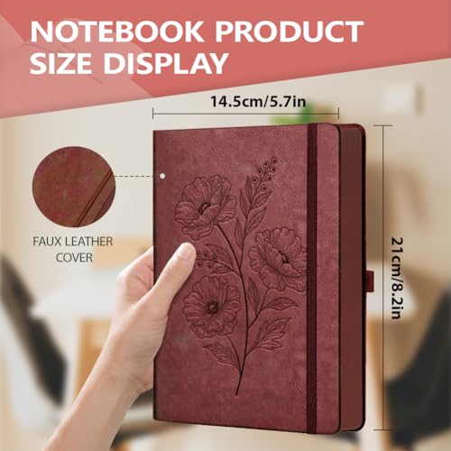 A5 Blooming Flower Leather Journal, 300 Pages Lined Notebook, Red Vintage Pattern Hardcover Notebook for Travel Diary, Business, Work and School Daily Writing - style: Flower