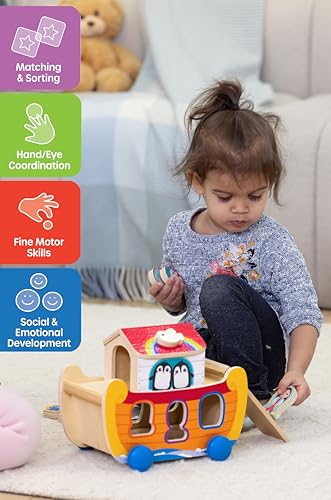 Jasey's Toy Chest Noah's Ark Wooden Sort & Match | 18-Piece Shape Sorting Ark with Animal Pairs, Figures & Ladder | Educational Toy for Toddlers Ages 18+ Months