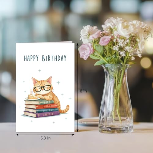 Cute Birthday Card for Cat Lover, Funny Birthday Card for Sister Brother Best Friend Family, Book Bday Card for Men Women, Here Is To Another Chapter - color: Cat Birthday