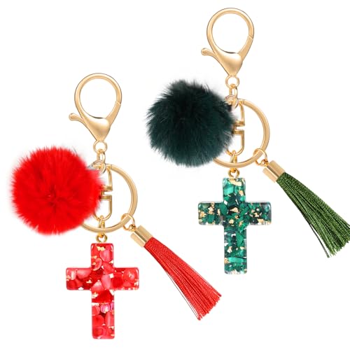 MWOOT 2PCS Cross Keychains for Women, Christian Keyring Tassels Plush, Resin Jesus Key Chain, Bag Charm Car Accessories - color: Red+green